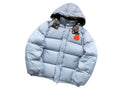 Moncler Light Blue Hooded Quilted Puffer Jacket with Orange Logo