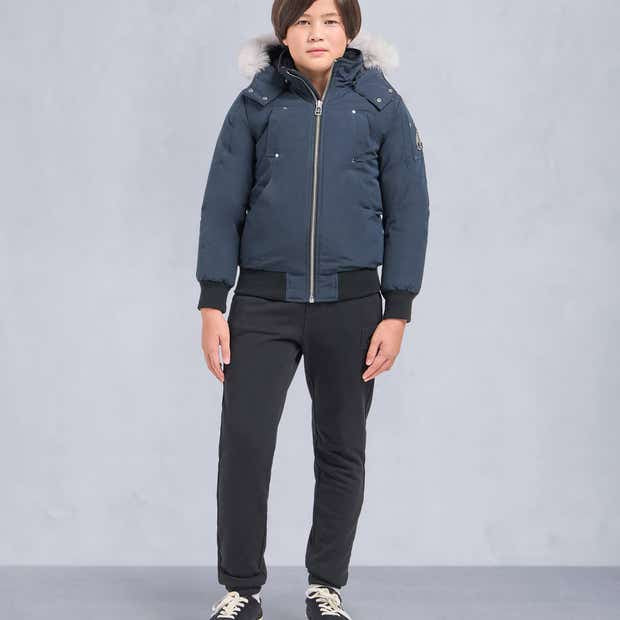 Moose Knuckles Navy Blue White-Trimmed Hooded Bomber Jacket