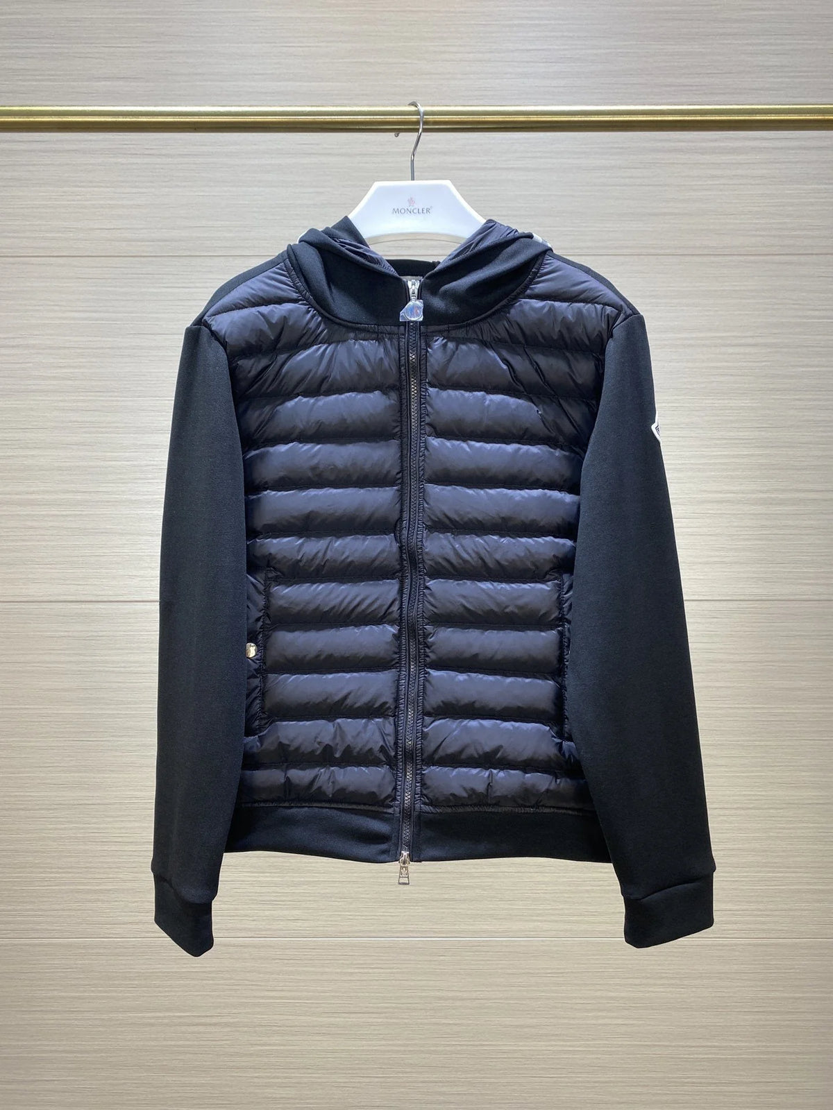 Moncler Black Contrast-Stripe Quilted-Front Hooded Jacket