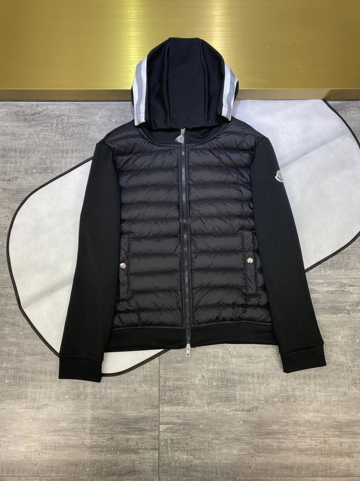 Moncler Black Contrast-Stripe Quilted-Front Hooded Jacket