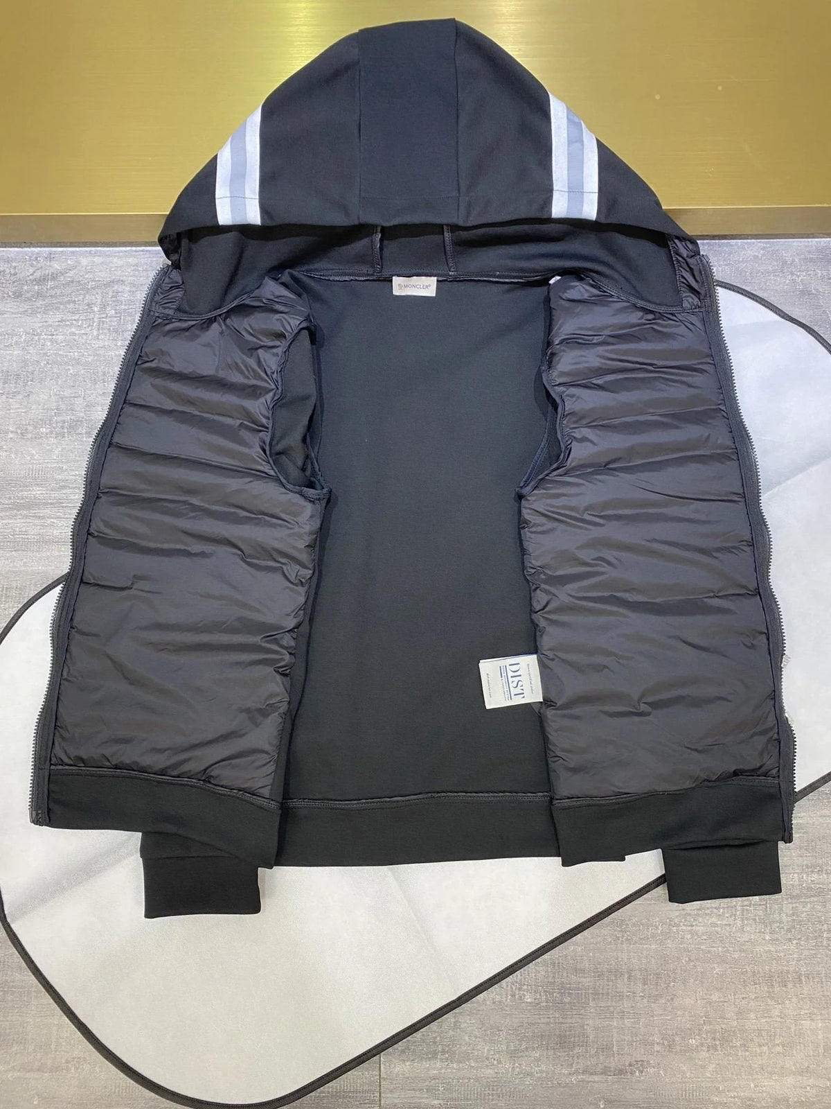 Moncler Black Contrast-Stripe Quilted-Front Hooded Jacket