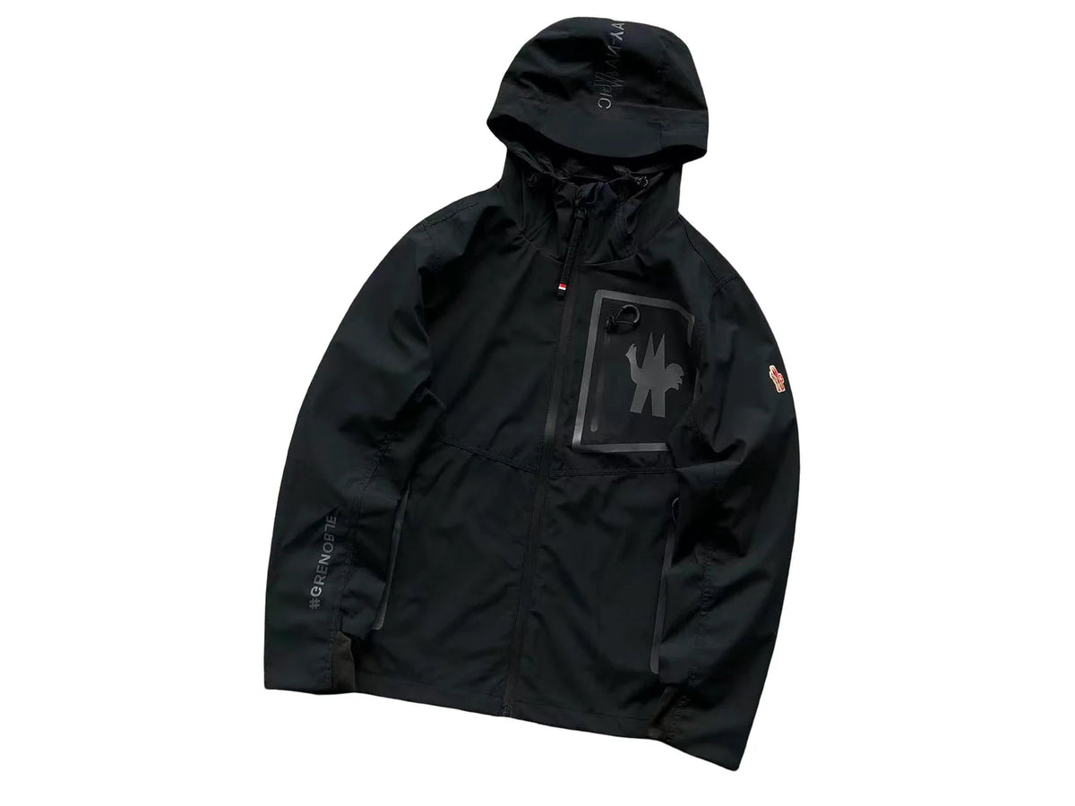 Moncler Grenoble Black Hooded Zip-Up Jacket with Graphic Chest Detail