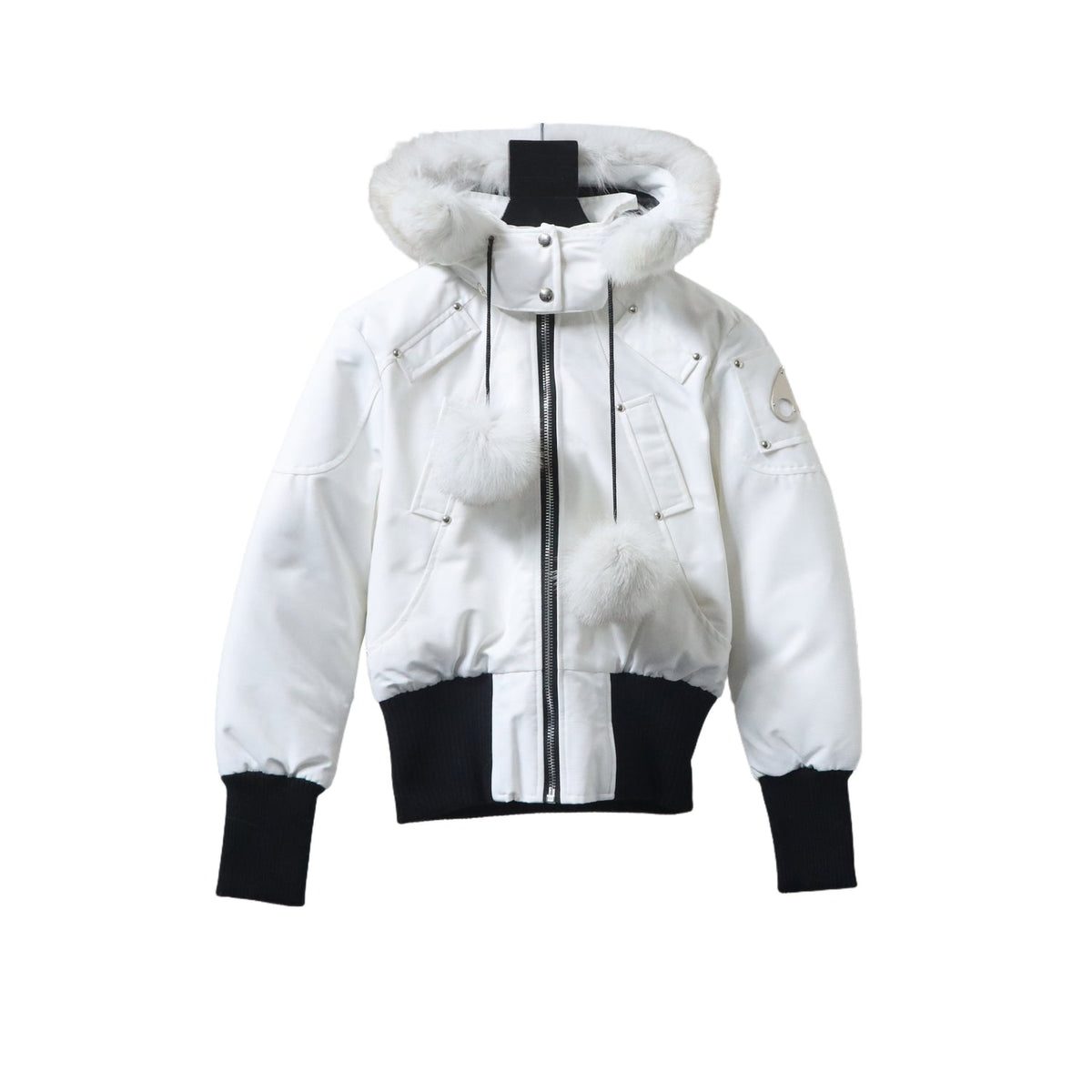 Moose Knuckles White Pom-Pom Trimmed-Hood Bomber Jacket