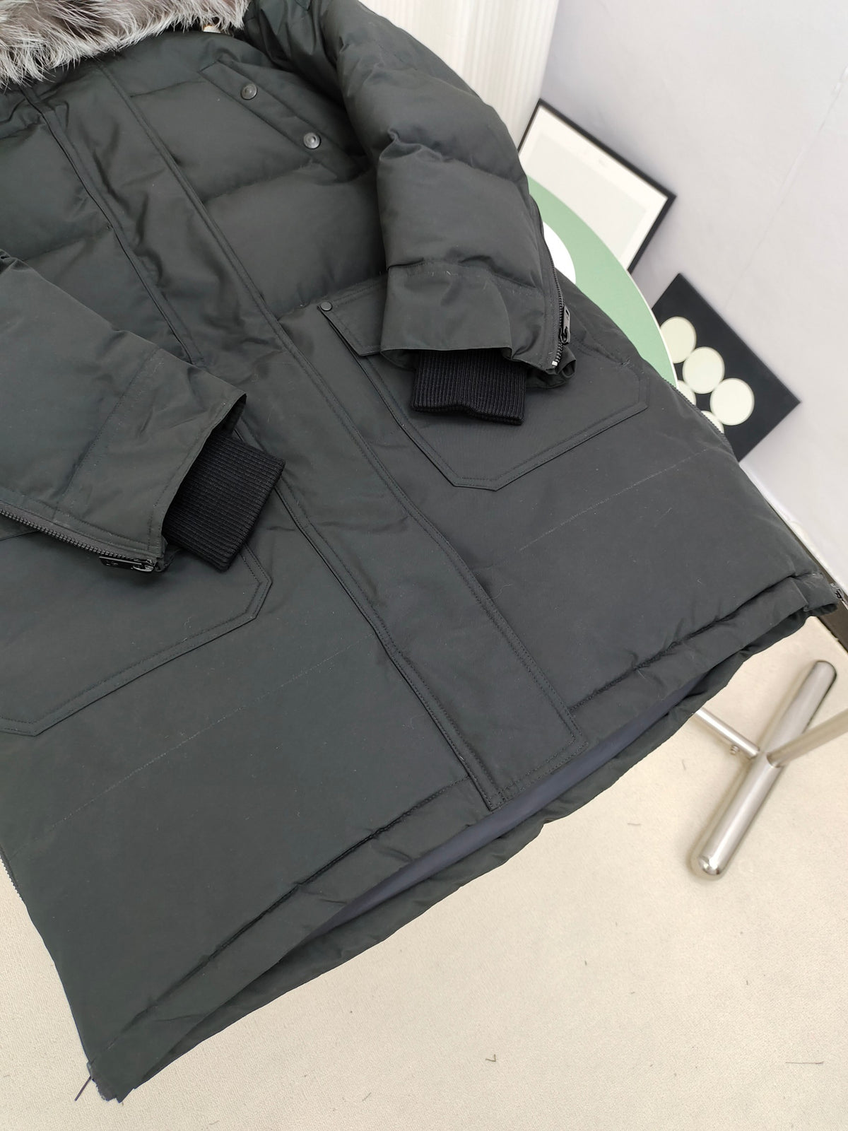 Moose Knuckles Charcoal Gray Trimmed-Hood Long Puffer Parka