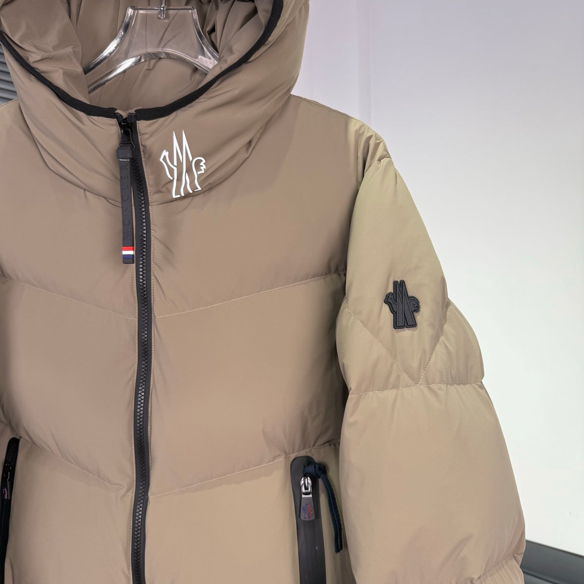 Moncler Sand Beige Graphic-Logo Hooded Puffer Jacket