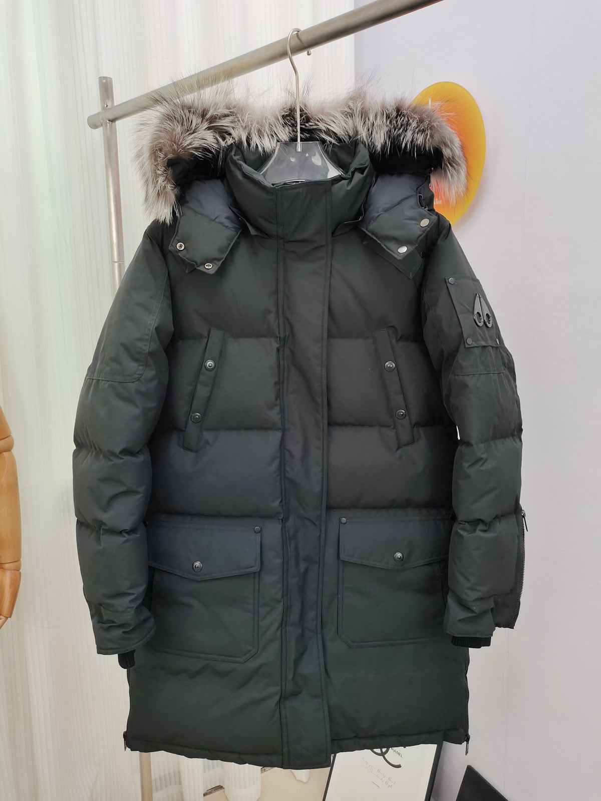 Moose Knuckles Charcoal Gray Trimmed-Hood Long Puffer Parka