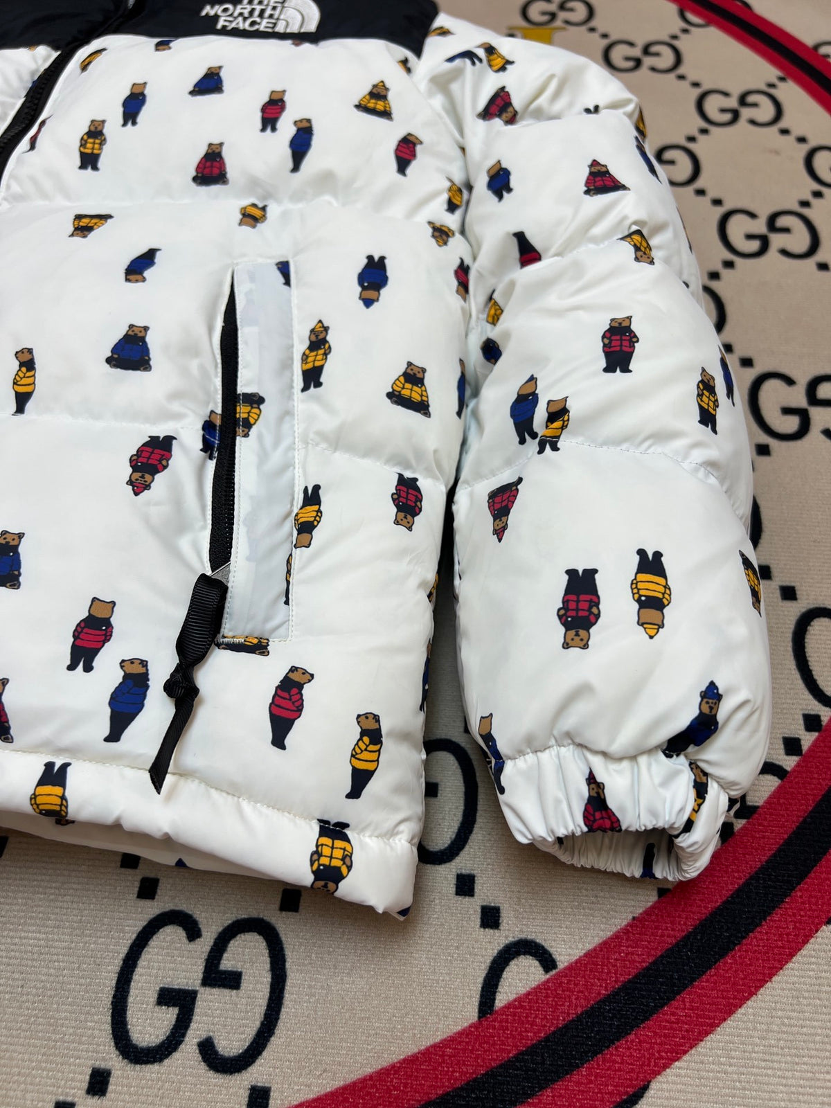 The North Face White and Black Bear Print Puffer Jacket