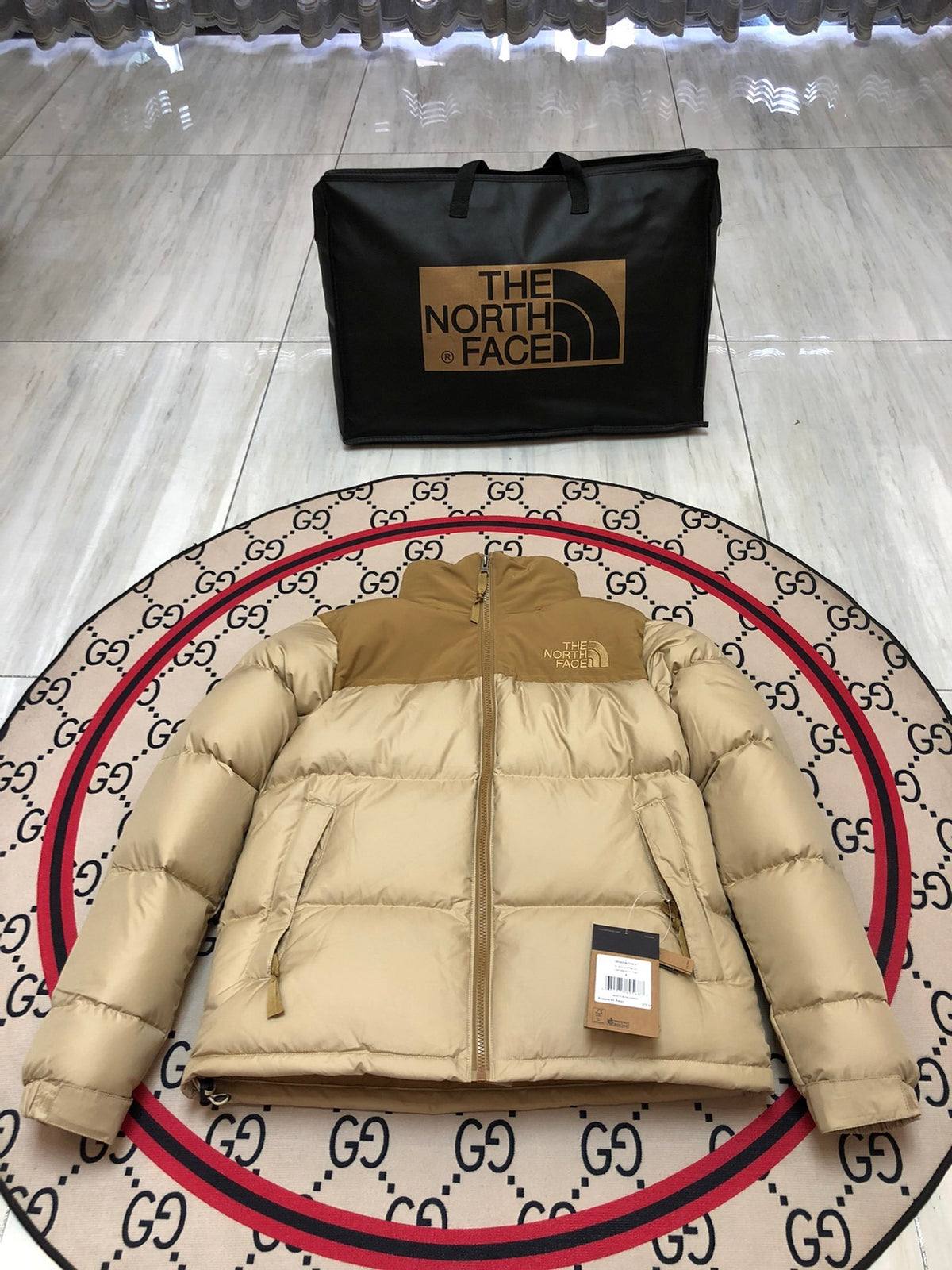 The North Face Beige and Tan Colorblock Puffer Jacket