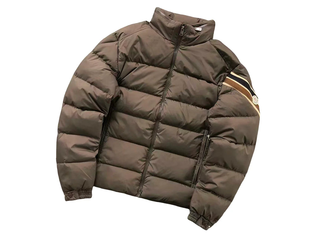 Moncler Brown Stand-Collar Quilted Puffer Jacket with Sleeve Stripes