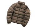 Moncler Brown Stand-Collar Quilted Puffer Jacket with Sleeve Stripes