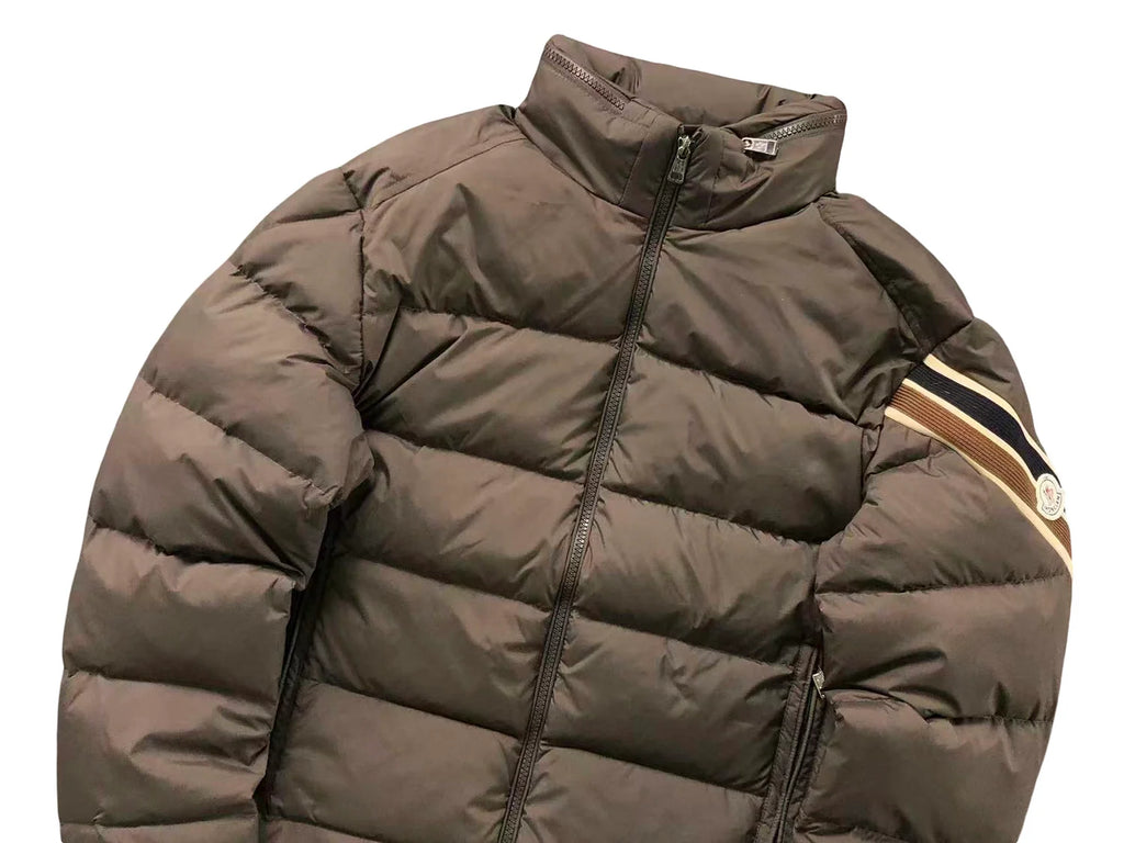 Moncler Brown Stand-Collar Quilted Puffer Jacket with Sleeve Stripes