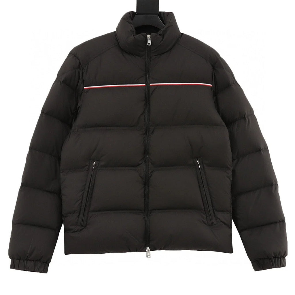 Moncler Black Stand-Collar Quilted Puffer Jacket with Stripe Trim