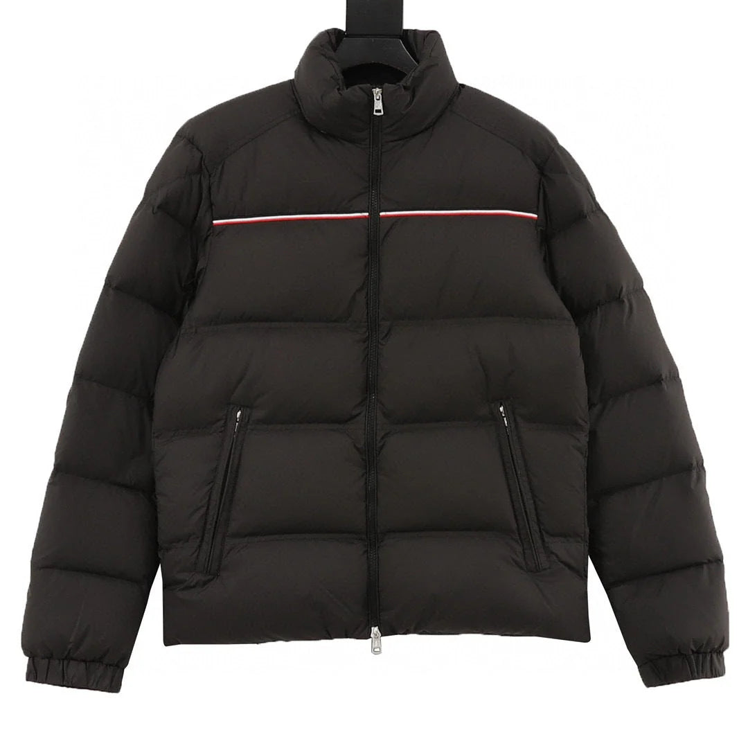 Moncler Black Stand-Collar Quilted Puffer Jacket with Stripe Trim