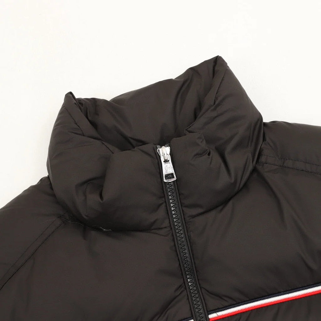 Moncler Black Stand-Collar Quilted Puffer Jacket with Stripe Trim